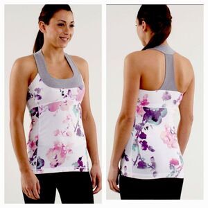 Lululemon Scoop Neck Tank Top Blurred Blossoms White / Heathered Fossil